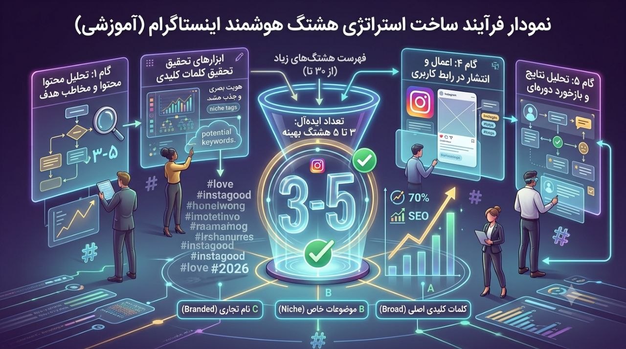 نمودار فرآیند استراتژی هشتگ هوشمند اینستاگرام
